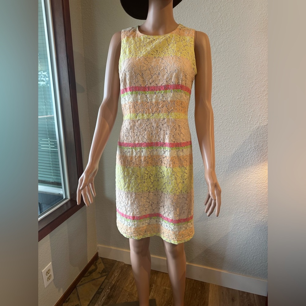 Ann Taylor Lace Dress with Pink and Yellow Stripes, spring